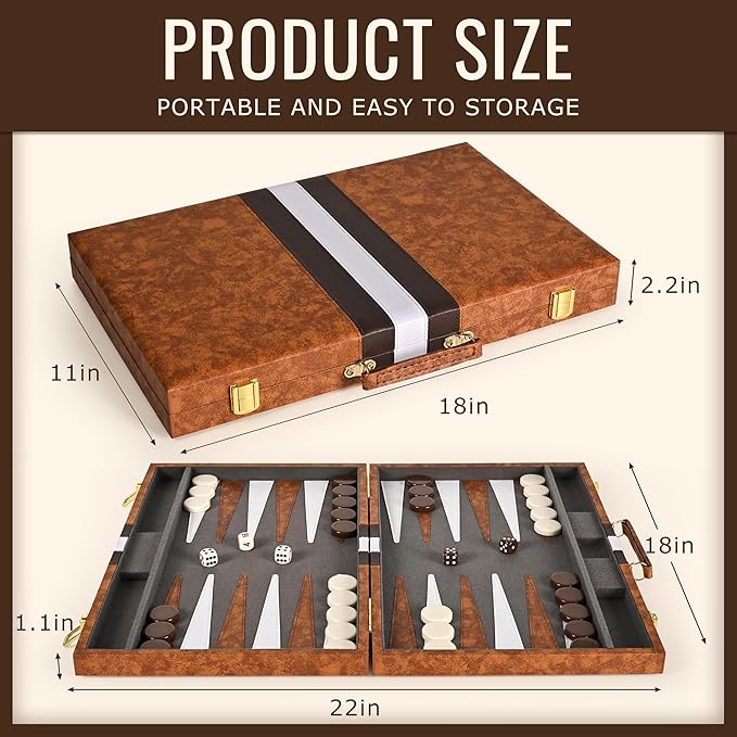 ropoda Backgammon Board Game Set (18 Inches) for Adults and Kids,Classic Board Strategy Game,Portable and Travel Backgammon Set with Premium Leather Case,Best Strategy & Tip Guid
