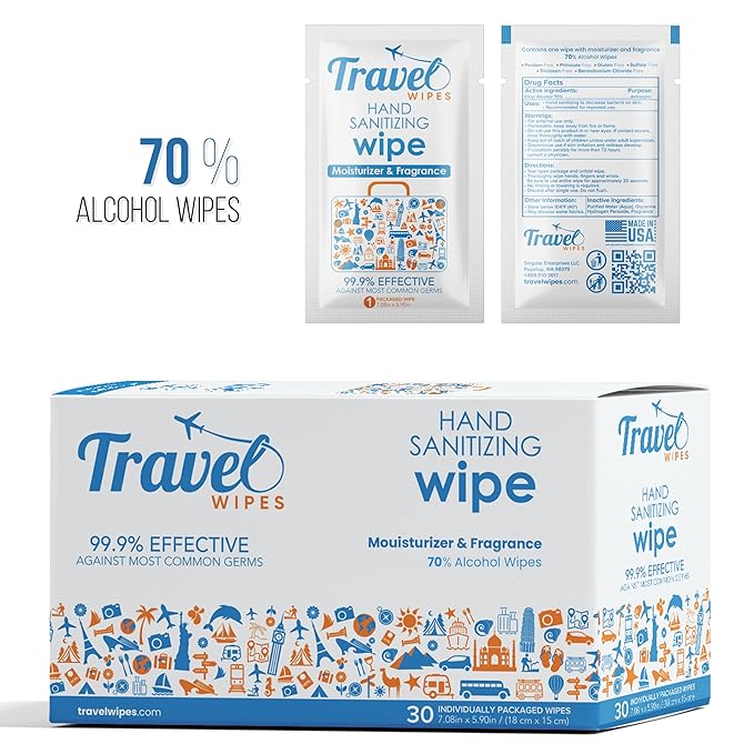 Hand Sanitizing Travel Wipes – 30ct Individually Wrapped | Fresh Citrus Scent, Moisturizing, 70% Alcohol Wipes | Travel, Home, Office, Daily Use | Made in USA