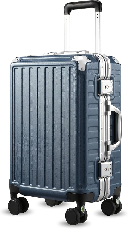 LUGGEX Carry On Luggage with Spinner Wheels, 20 Inch Aluminum Frame Zipperless Polycarbonate Hard Shell Suitcase, Blue