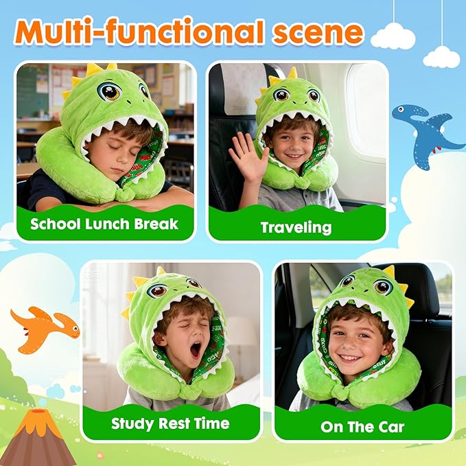 Travel Neck Pillow with Hood for Kids Adult Cute Soft Plush Memory Foam Airplane Neck Pillow for Traveling Animal Flight Pillow Head Rest Neck Support for Cars Long Flights