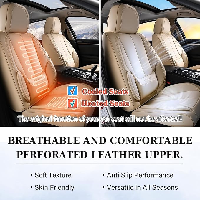 Coverado Seat Covers, Car Seat Covers Front Seats, Car Seat Cover, Car Seat Protector Waterproof, Car Seat Cushion Nappa Leather, Beige Seat Covers Carseat Cover Universal Fit for Most Cars