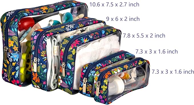 TSA Approved 5-Piece Diaper Bag Organizer Pouch Set Clear Waterproof TPU Kids Toiletry Storage Set Travel Packing Clutch Cube Bags for Baby Nursing