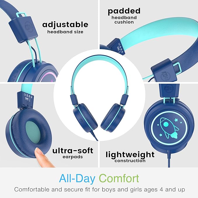 MEE audio KidJamz KJ55 Safe Listening USB-C Headphones for Children with Multicolor LED Lights, Volume Limiter, & Microphone; On-Ear Wired Kids Headset for iPhone 16, iPad, & USB Type C Devices (Blue)