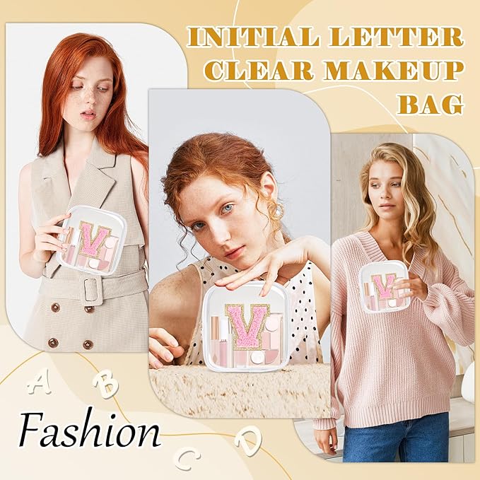 Personalized Initial Letter Clear Preppy Makeup Bag,Mini Nylon Chenille Letter Cosmetic Bag Cute Zipper Pouch Purse for Teen Girls,Portable TSA Approved Beach Travel Essentials Bag Gift for Women,V