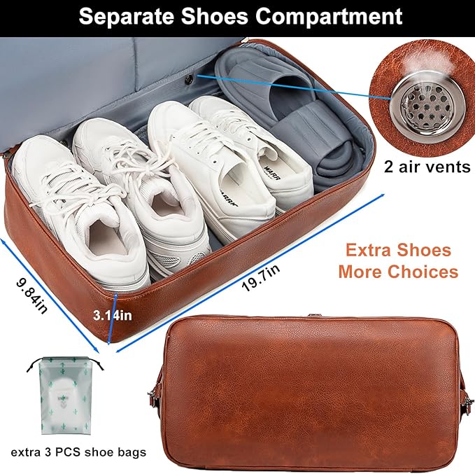 weiatas Faux Leather Travel Duffel Bag for Women Men, Large Weekender Overnight Bag with Shoes Compartment, Waterproof Carry On Bag Travel Tote Bag Gym Bag with Luggage Strap (Brown)