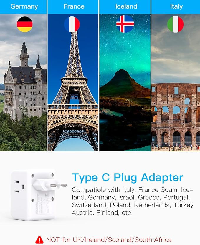 3 Pack European Travel Plug Adapter, One Beat International Power Plug Adapter with 3 Outlets 3 USB Ports(2 USB C), Type C Adapter Travel Essentials for US to Most Europe EU Italy France Germany Spain