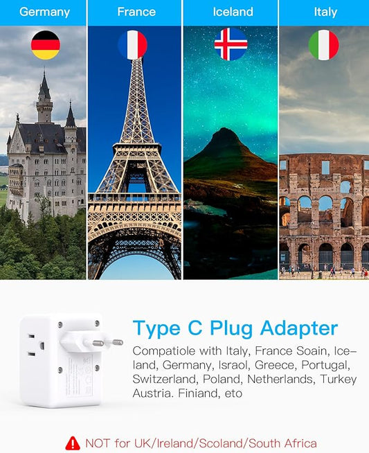 3 Pack European Travel Plug Adapter, One Beat International Power Plug Adapter with 3 Outlets 3 USB Ports(2 USB C), Type C Adapter Travel Essentials for US to Most Europe EU Italy France Germany Spain