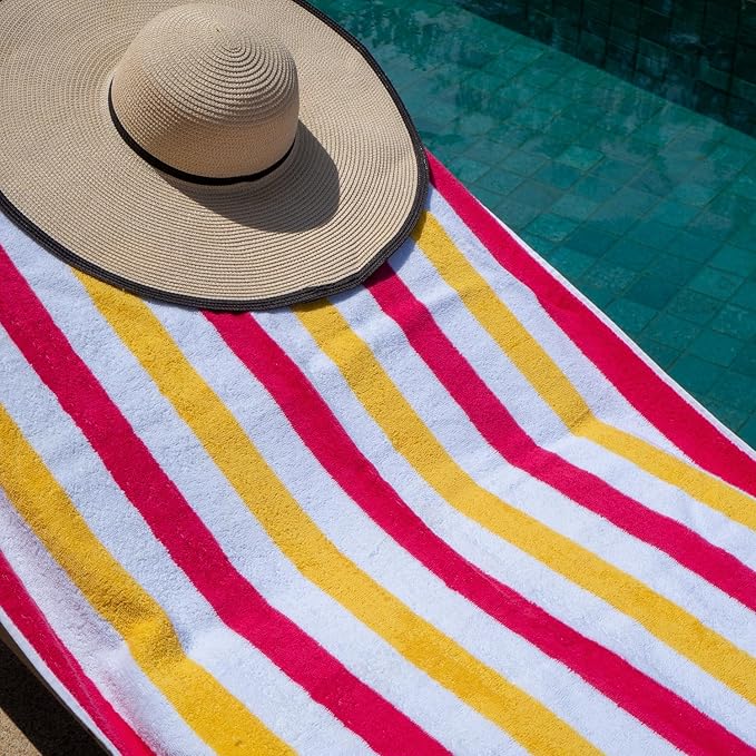 Arkwright Cabo Cabana Stripe Beach Towel Bulk - Case of 24 - Large Soft Quick Dry Cotton Terry Towels for Pool, Swim, and Hot Tub, Oversized 30 x 70 in, Raspberry/Mango