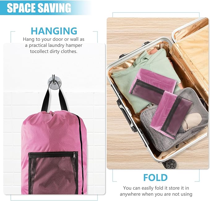 Laundry Bag Backpack, Extra Large Travel Laundry Bag with Mesh Pocket & Adjustable Shoulder Straps,Dirty Clothes Travel Bag for College Students Dorm,Apartment(Pink)