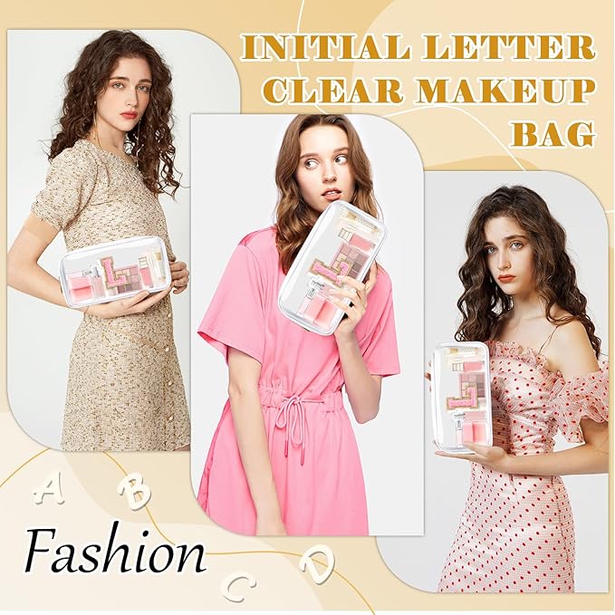 Personalized Initial Letter Clear Makeup Bag,Preppy Small Nylon&PVC Cosmetic Zipper Bag with Chenille Letter,Travel Skincare Toiletry Bag,Monogram Christmas Gift for Teen Girls Women,L