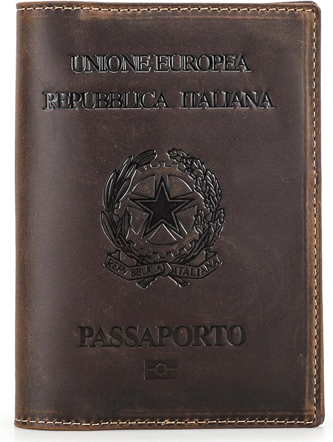 Top Grain Leather Single Travel Passport Wallet Embossing Badge for Unisex, Folio Design for Passport & Multi Cards, RFID Blocking for Passport/Cards/Checks/Bills/AirTag, Coffee Default, IT