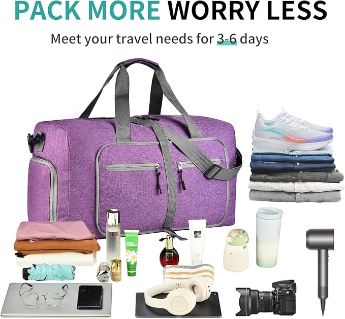 Dimayar 115L Travel Duffle Bag for Men Women - Foldable Duffel Bag with Shoes Compartment - Overnight Bags Waterproof & Tear Resistant(Purple)
