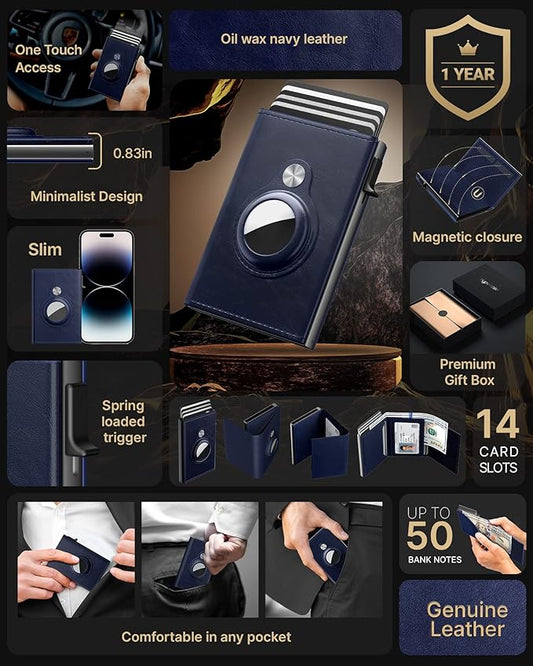 typecase Mens Wallet Card Holder for AirTag: Leather Smart Wallet for Men Compatible with Apple Air Tag, RFID Blocking, Slim, Minimalist - 9-14 Card Capacity | ID Window | Cash Slot (Navy)