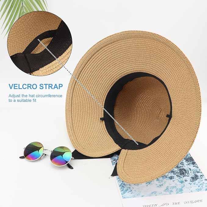 DRESHOW Sun Hats for Women Travel Fedora Foldable Beach Sun Hat Summer Wide Brim Straw Bucket Hat with Bowknot UPF 50+