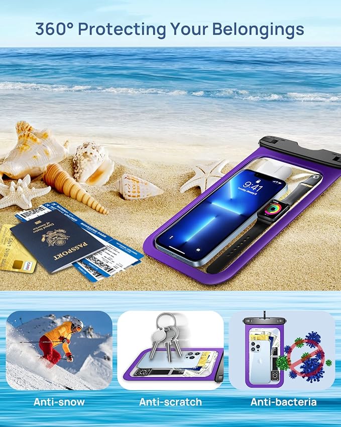 Lanhiem Large Waterproof Phone Pouch [Up to 10.5"] Universal IPX8 Waterproof Dry Bag with Lanyard for iPhone 16 Pro Max /15/14, S24 Ultra/ S23/ S22 Plus/ S23 FE, Moto G/Pixel 9 8 Pro, Black+Purple