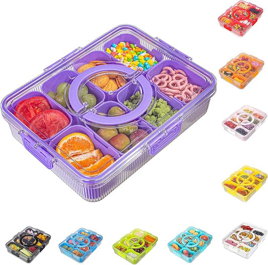 Patent Design Ribbed Snackle Box Container Divided Serving Tray with Lid and Handle -Charcuterie Container Portable Storage Organizer for Candy, Fruit, Beach, Picnics（1 pcs, Purple
