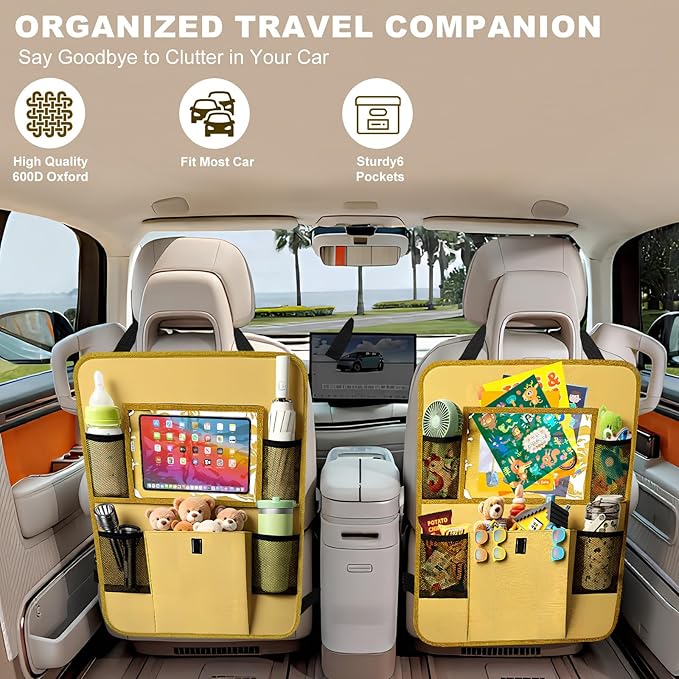 Car Backseat Organizer with Tablet Holder, 6 Storage Pockets Seat Back Protectors Kick Mats for Kids, Car Seat Protector for Road Trips 2 Pack (Beige)
