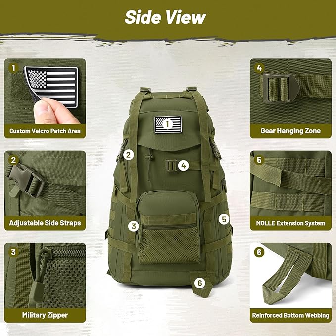 AUMENTAR 50L Tactical Backpack for Men and Women, Water-Resistant Molle Rucksack, Large Military Assault Pack for Hiking, Hunting, Camping, Gym & Outdoor Survival Green