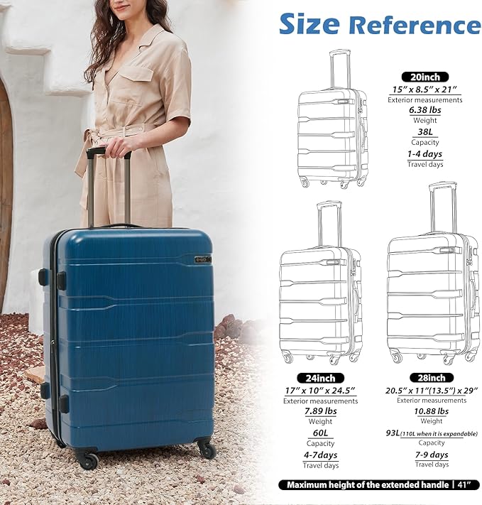 Coolife Luggage PC+ABS Expandable Hardshell Suitcase with TSA Lock, Spinner Checked Lightweight (Caribbean Blue, 28in)