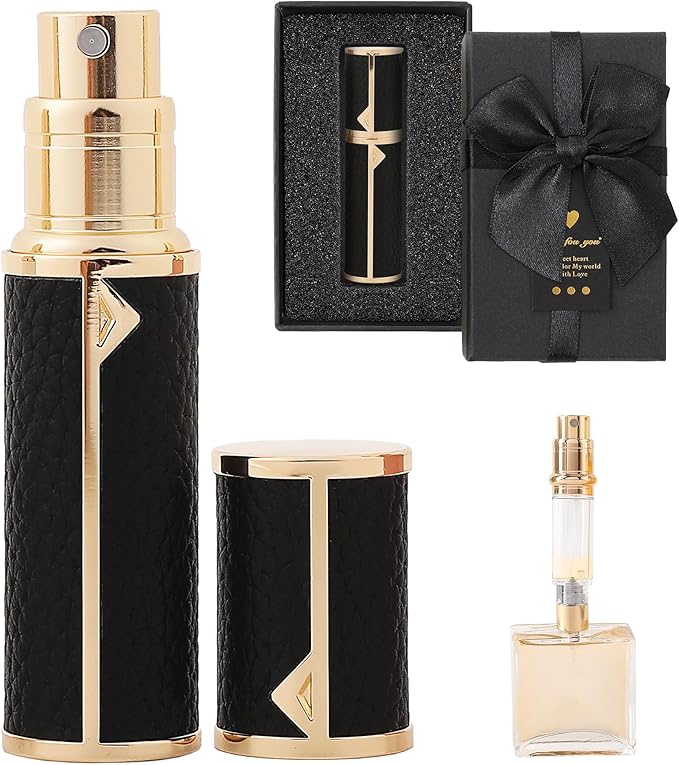 Travel Perfume Bottle Refillable, Sparkle Perfume Atomizer Leak-Proof Portable 5ML Mini Empty Atomizer Sprayer Bottle for Traveling and Outgoing (Jet black- Leather style, 5ML)