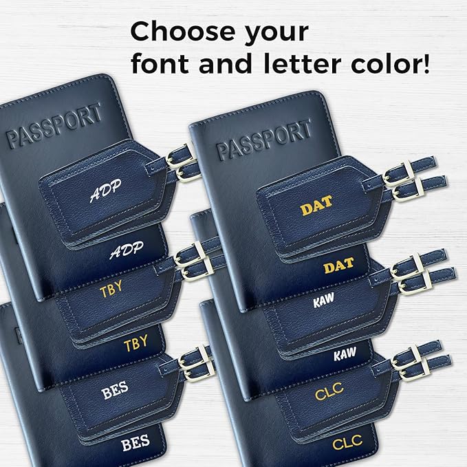 Personalized Monogrammed Navy Leather RFID Passport Cover Holder and 2 Luggage Tags