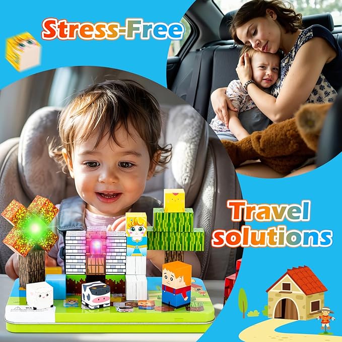 45PCS Magnetic Blocks Travel Toys for Kids with Portable Iron Box, Mini Magnetic Cubes Toys for Airplane & Car Ride STEM Learning Gift Idea for Ages 3+（ Farm Theme）