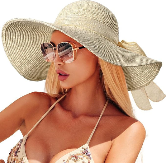 Beach Sun Hats for Women,Wide Brim Straw Hat Floppy Packable UPF 50+ UV Protection with for Summer