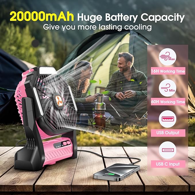 Portable Rechargeable Fan, 20000mAh Cordless Battery Powered Camping Tent Fans with SOS & LED Lantern, Small USB C Operated Outdoor Ventiladores for Travel Camp Fishing Office Home Essentials (Pink)