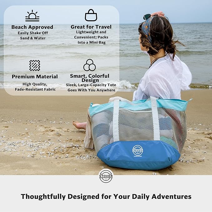 STOVER Large Mesh Beach Bag, Vacation, Pool, Shopping, & Travel Tote - Foldable w/Storage Pockets for Women, Men & Families
