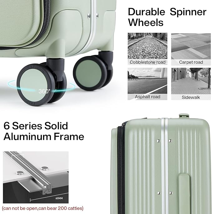 Hanke Grace Hard Shell Suitcases with Wheels,20 Inch Carry On Luggage Airline Approved with Aluminum Frame, Travel suitcase with Front Pocket Travel Luggage for Short Business Trips, Bamboo Green.