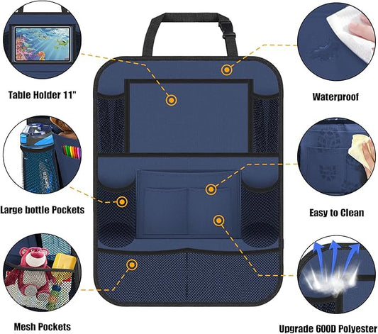 Car Backseat Organizer with 11" Table Holder, 10 Storage Pockets Seat Back Protectors Kick Mats for Kids Toddlers, Travel Accessories, 2 Pack, Blue