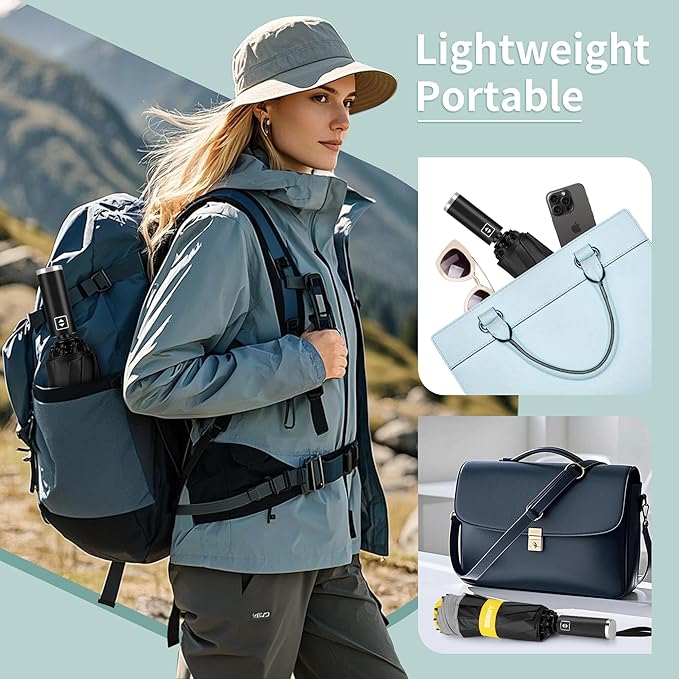 Seniny Travel Umbrella with Carabiner Handle, Windproof Large Umbrellas for Rain with Dual-Rib Structure, Portable Compact Umbrella with Reflective Strip, Car Backpack UV Umbrellas for Sun Protection