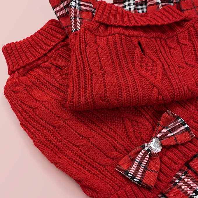 YUDODO Small Dog Sweater Dress with Bowtie Turtleneck - Knitted Pet Girl Dog Winter Clothes - Pet Warm Sweater for Puppy Yorkies, Chihuahua (XL Red)