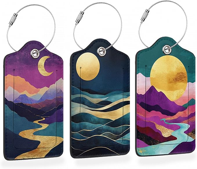 Colorful Abstract Mountain 3 Pack PU Leahter Luggage Tag with Stainless Steel Loop, Bold Golden Sun Crescent Moon Travel Suitcase Labels with Privacy Cover ID Label Quickly Spot for Bags