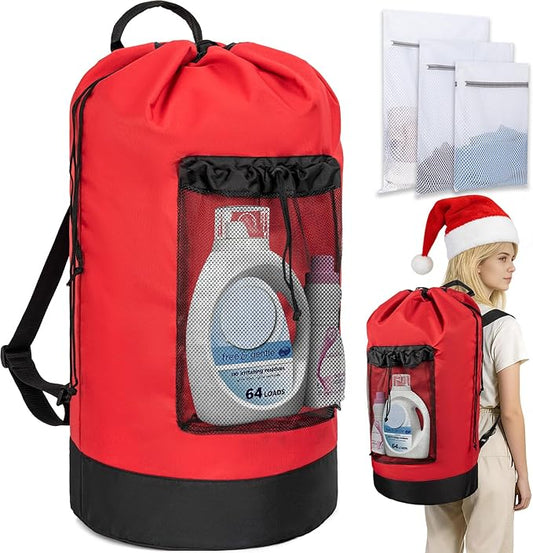Laundry Bag Backpack with 3 Sizes Mesh Wash Bags and Shoulder Straps Foldable Clothes Hamper Bag with Drawstring Closure for College, Apartment, Laundromat (Red)