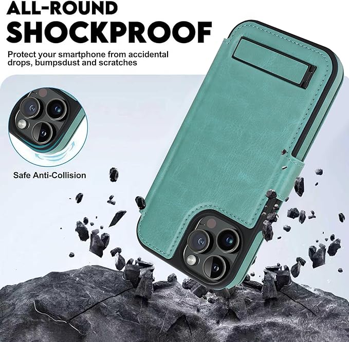 CIVICASE for iPhone 14 Pro Wallet Case with Stand,PU Leather Flip Credit Card Holder Slots (RFID Blocking),Compatible with Magsafe Magnetic Holder Phone Cover Women Men,Green