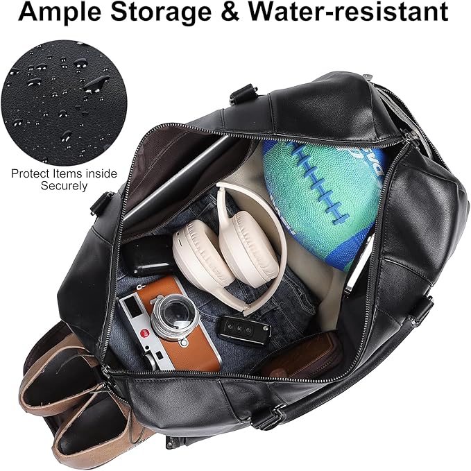 Masa Kawa Black Leather Duffle Bag for Travel Men, 31L Carry On Waterproof Foldable Duffel Bag with Shoe Compartment for Gym, Sports, Overnight Weekender Camping