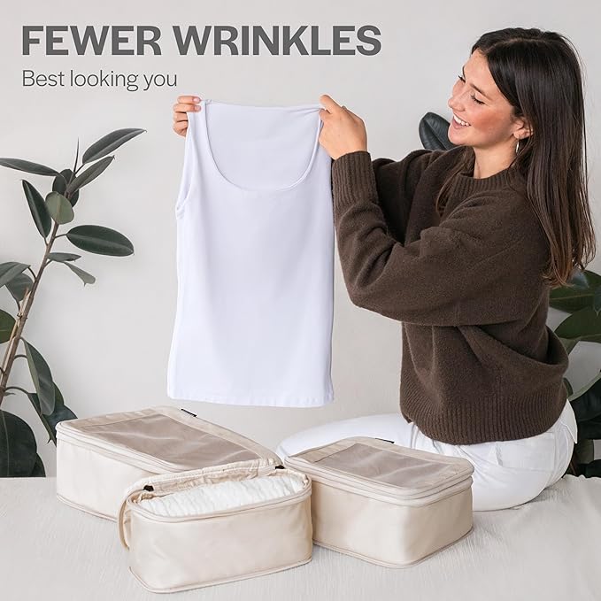 Aerotrunk Compression Packing Cubes for Travel - Luggage Organizer Bags - Double Zipper Packing Cubes for Suitcases (6-Pack, Beige)