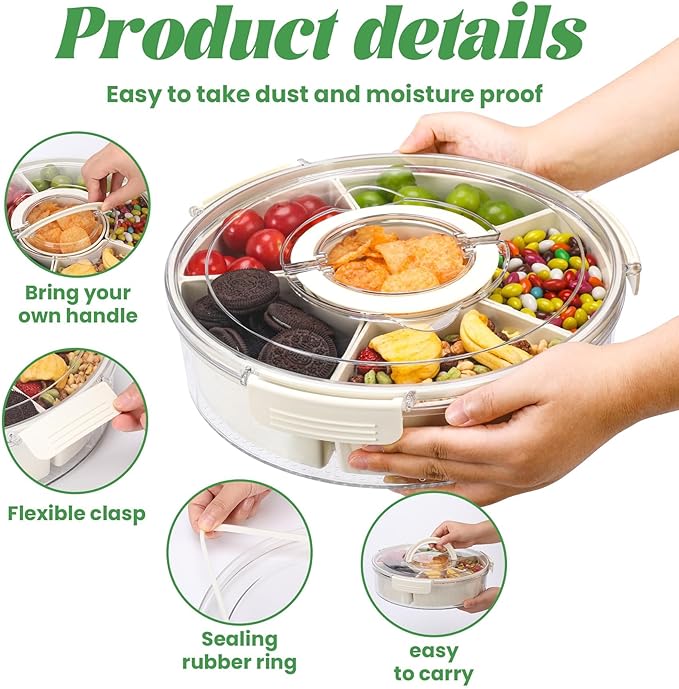 Snackle Box Container Divided Serving Tray with Lid, 6-Compartment Portable Spinning Round Stackable Container, Handle for Organize Veggies, Fruit, Candy, Party Snacks, Nuts, Kitchen Party Essentials