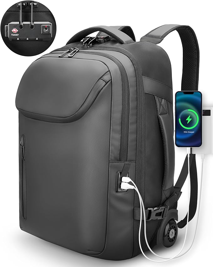 Rolling Backpack,50L Travel Backpack with Wheels,17.3inch Laptop Backpack with USB Port,TSA Carry On Anti Theft Backpack for Business Work Airplanes,Large Backpack for Men Women,Black