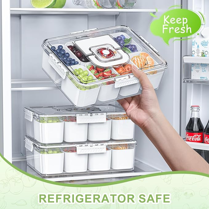 Chilled Snackle Box Container with Ice Pack, Charcoolerie Chilled Portable Serving Tray with Lid and Handle， 8 Compartment Snack Container for Charcuterie Snack Road Trip Picnic Keep Fresh