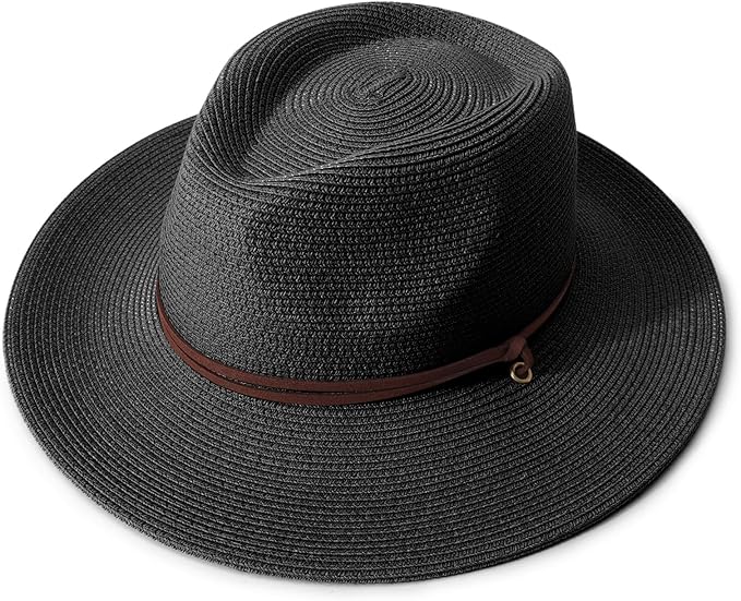 DRESHOW Women Straw Panama Hat Travel Fedora Beach Sun Hat Summer Wide Brim Straw Roll up Hat UPF 50+