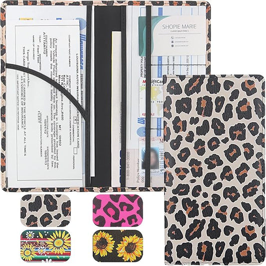 Premium Car Registration & Insurance Card Holder with Magnetic Shut, Vehicle Glove Box Car Organizer - For Documents, Cards, License (Leopard A)