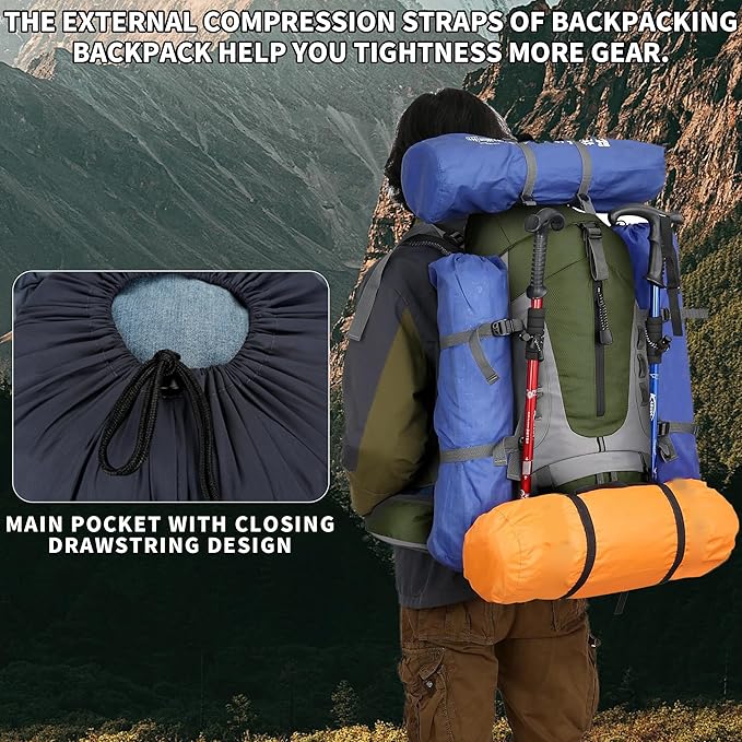 75L Hiking Backpack with Rain Cover Waterproof Camping Backpack Shoes Warehouse for Men Women, Frameless