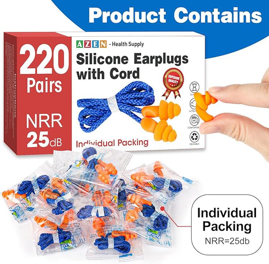 AZEN 220 Pairs Silicone Ear Plugs, Reusable Earplugs for Noise Reduction, 25dB NRR Corded Ear Plug for Sleeping Noise Cancelling, Ear Plug with String Individual Packing