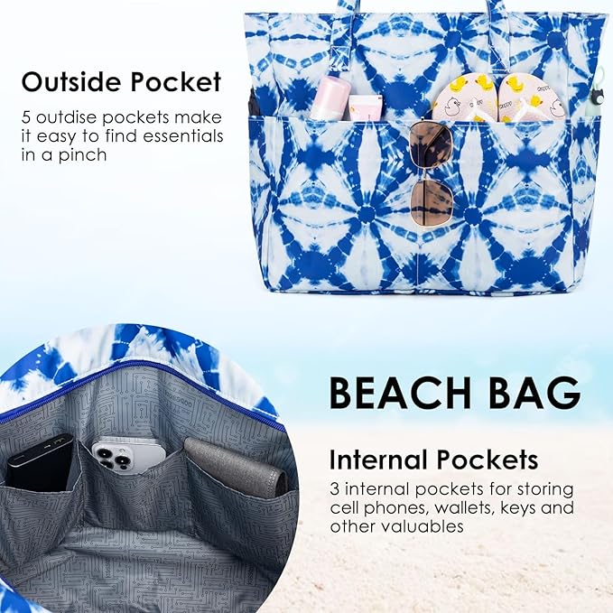 KABAQOO Extra Large Beach Bag Waterproof Sandproof Women Beach Tote with Zipper & Wet Compartment for Pool Gym Grocery Travel