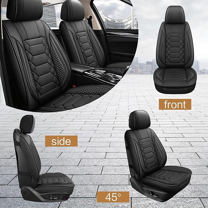 HAIYAOTIMES Leather Car Seat Covers Front Pair, Waterproof Faux Leather Seat Covers for Cars, Non-Slip Car Interior Covers Universal Fit for Most Cars Sedans Trucks SUVs, Black