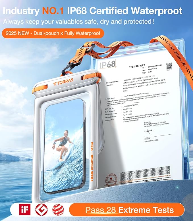 TORRAS IP68 Waterproof Phone Pouch Double Space, Floating Waterproof Phone Case with Lanyard for iPhone 17 Pro Max 16 15 14 S25 S24, Phone Dry Bag Vacation Cruise Ship Travel Essentials 7.0'', White