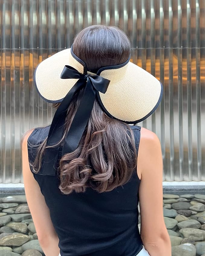 Camptrace Sun Visors for Women Wide Brim Beach Hat Foldable Straw Visor Hat Ponytail Summer Packable UPF 50+