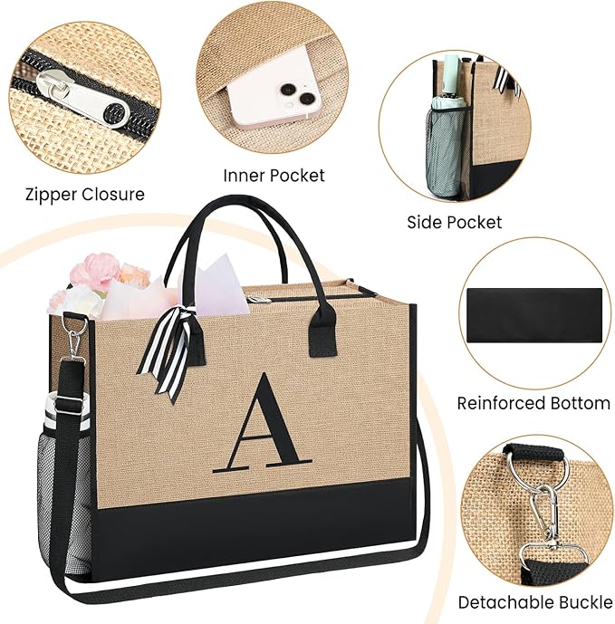 BAGAIL Initial Tote Bag, Personalized Birthday Gifts for Women, Teacher, Friends, Mom, Wedding, Monogrammed Beach Bag